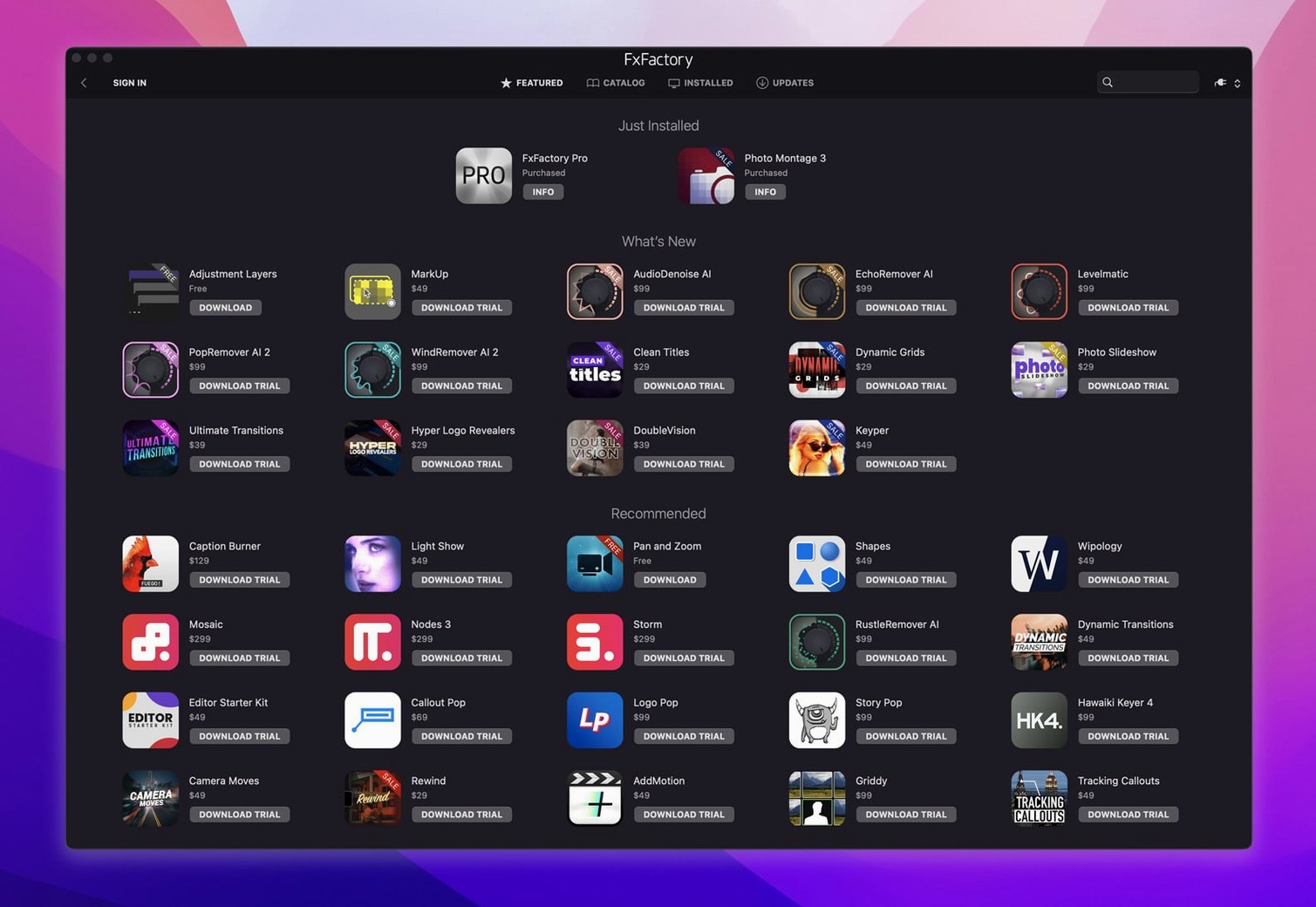 FxFactory Pro — glimpse 1 fxfactory — first screen