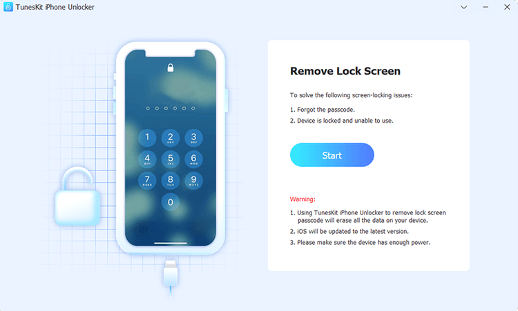 TunesKit iPhone Unlocker — glimpse 1 tuneskit iphone unlocker full version free download — first screen